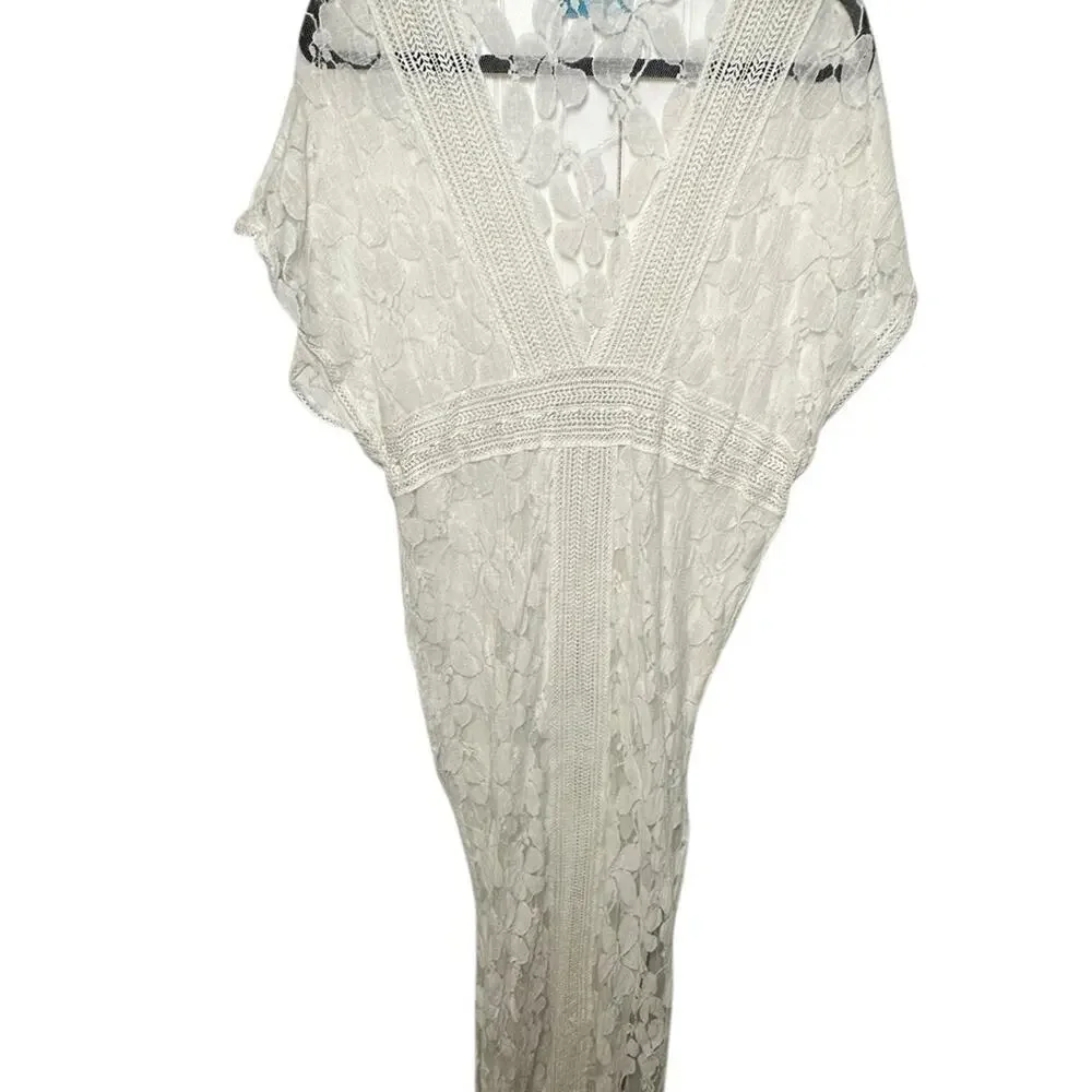 Tashia White Floral Lace Maxi Dress Crochet Trim Drawstring‎ Tassel Boho Small